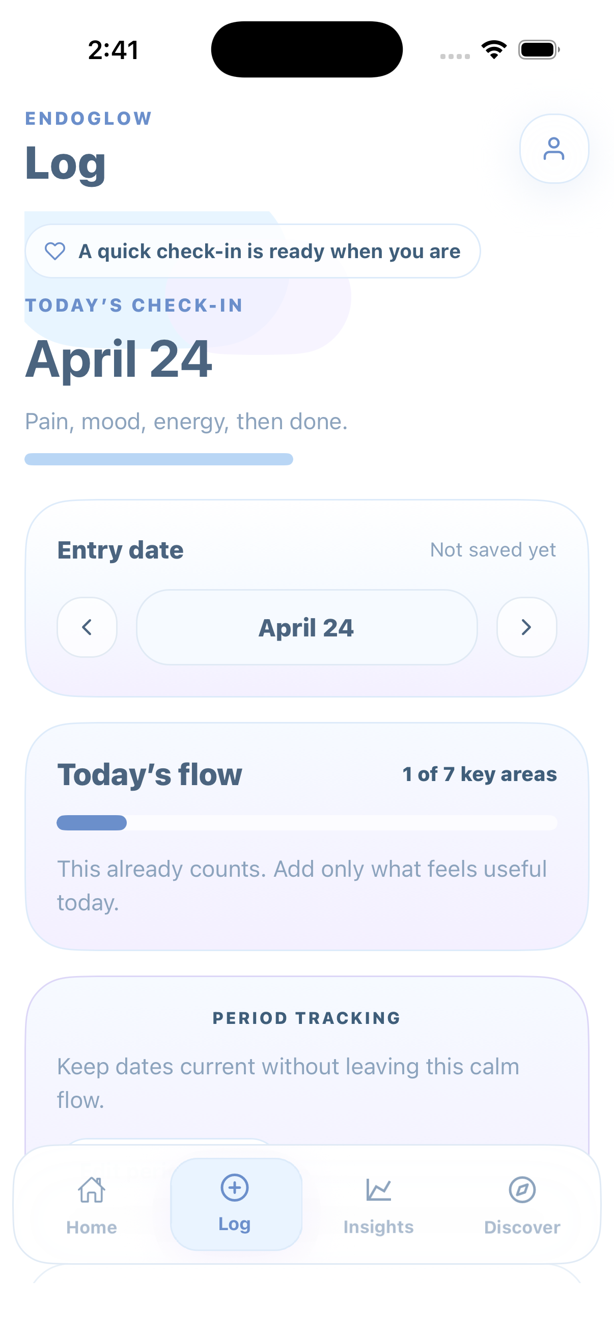 EndoGlow Discover screen showing content, community, and guides.