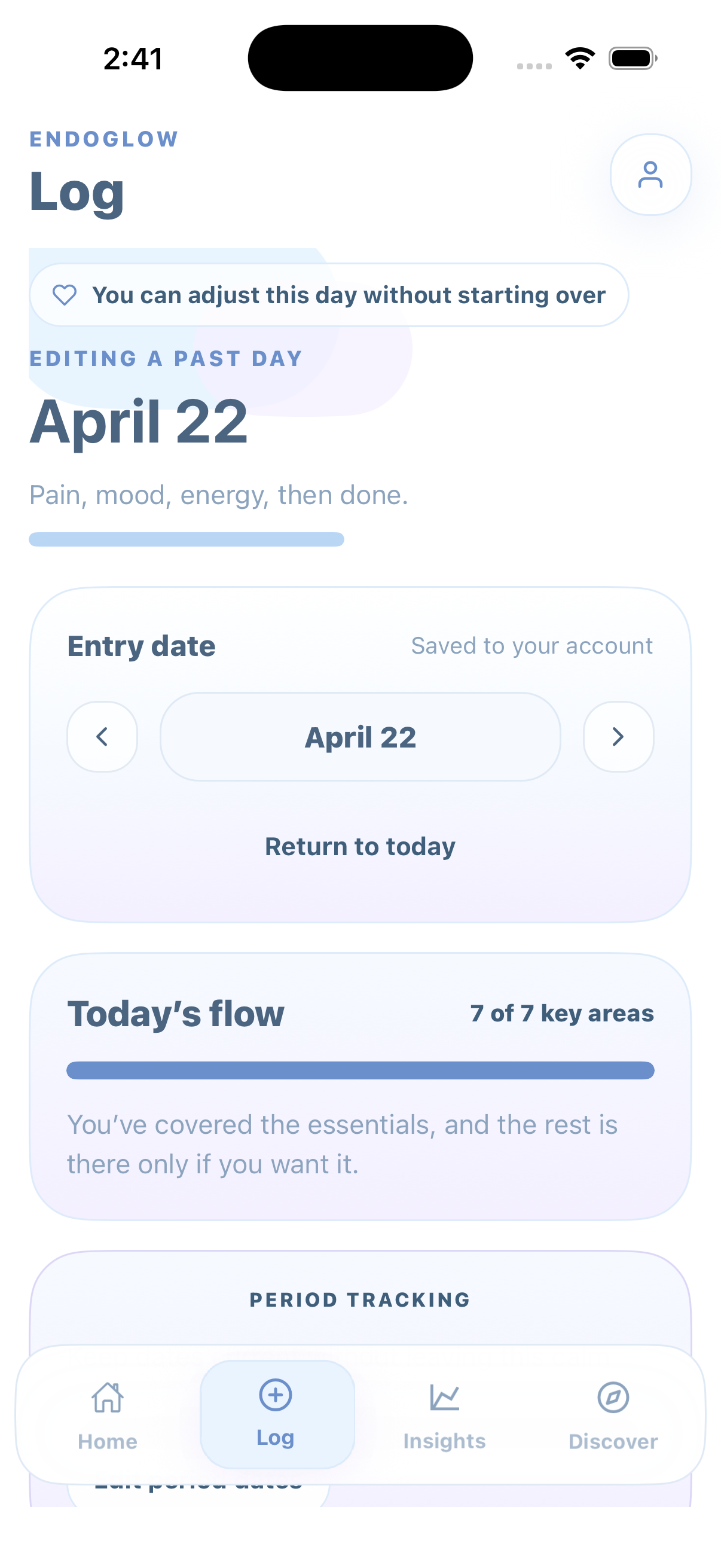 EndoGlow Log screen showing a calm daily check-in flow.