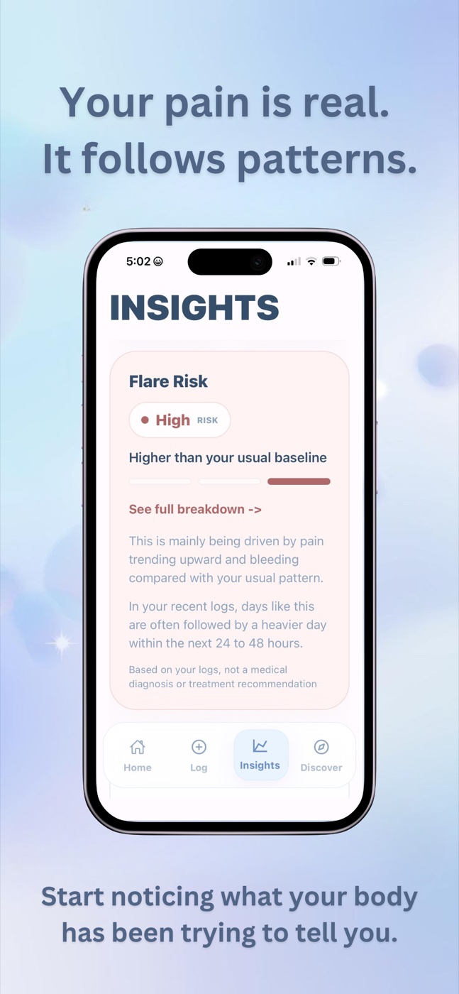 EndoGlow App Store preview showing a flare risk insight with the message Your pain is real. It follows patterns.