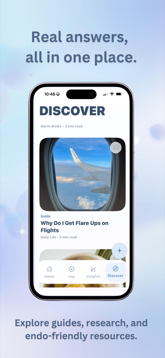 EndoGlow App Store preview showing Discover guides and endometriosis-friendly resources.