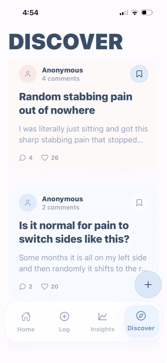 EndoGlow Discover community screen showing anonymous support posts.