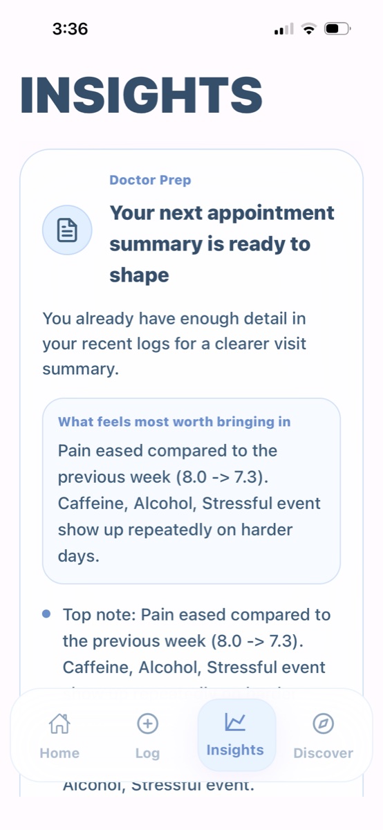EndoGlow doctor prep summary screen for an upcoming appointment.