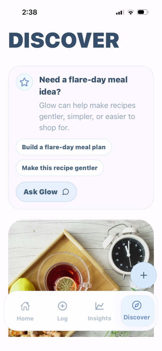EndoGlow Discover screen showing Glow recipe support prompts.
