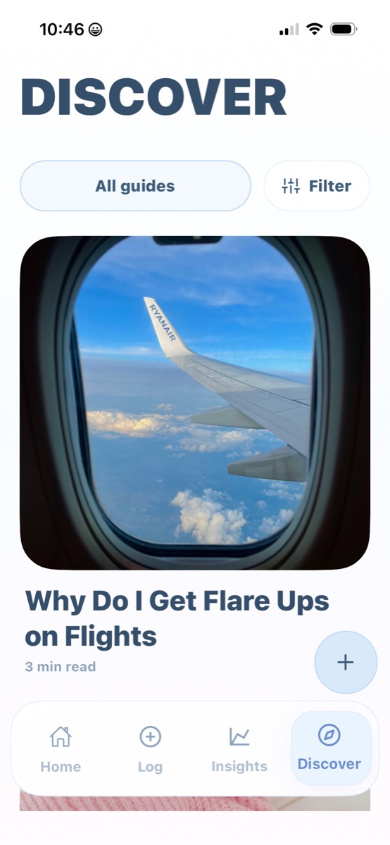 EndoGlow Discover screen showing endometriosis guides and filters.