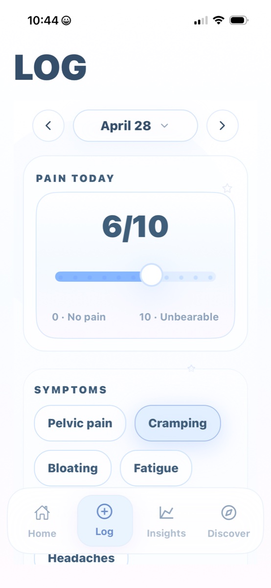 EndoGlow Log screen showing pain level and symptom options.